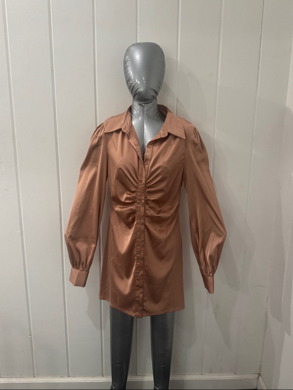 Satin Ruched Button-Front Blouse - Rust Brown